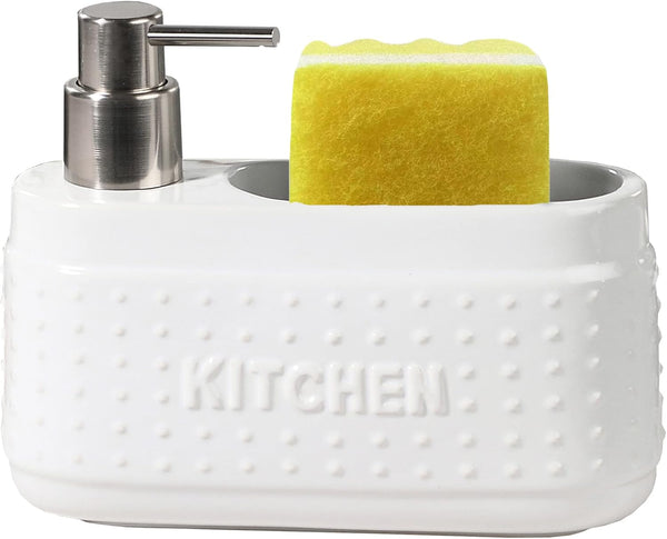 White Ceramic Dish Detergent Dispenser for Kitchen Sink, 21 oz Large Capacity with Sponge Holder