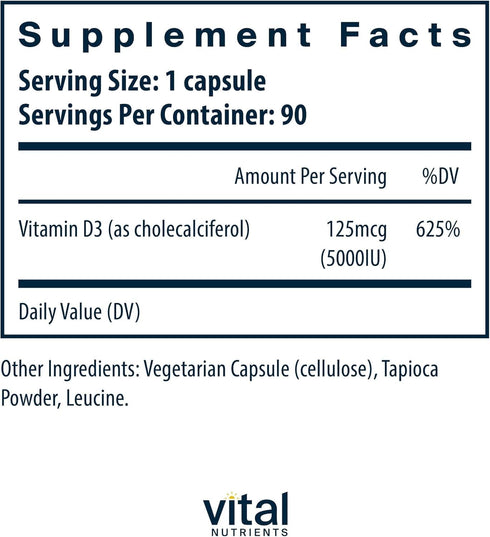 Vitamin D 5000 IU by Vital Nutrients | D3 Supplement for Healthy Bones, 90 Capsules