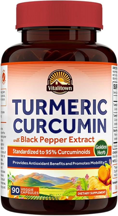 Vitalitown Turmeric Curcumin Root + Black Pepper - 1800MG, 95% Standardized Curcuminoids, Vegan Support (90 ct)