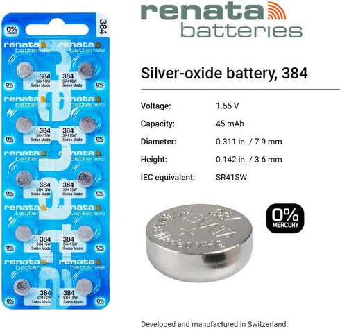 Renata 384 SR41SW Batteries, 1.55V Silver Oxide Watch Battery (2 Count)