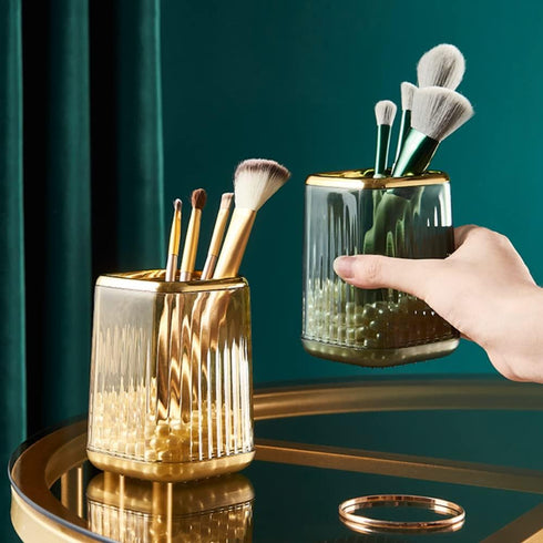 Makeup Brush Holder Organizer for Vanity, Acrylic Gold Container with Striped Design for Bathroom