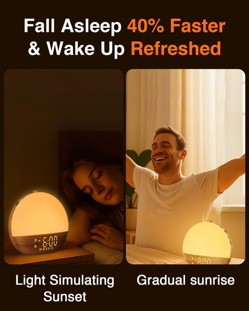 Thybro 30 Sunrise Alarm Clock with Sound Machine - Wake Up Light, Wood Grain, Bluetooth, Dual Digital Alarm Clocks