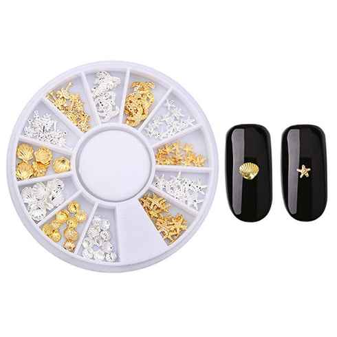 WOKOTO 8 Boxes 3D Geometry Metal Gold Nail Charms Set, Mix-Shape Nail Jewelry Decorations with 1pc Tweezers and Wax