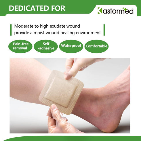 kastormed Silicone Adhesive Foam Dressing, 10 Pack 4''x4'' High Absorbency Bandage for Wound Care