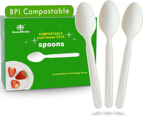 200 Count Heavy-Duty Compostable Spoons, BPI Certified Large Disposable Flatware Utensils