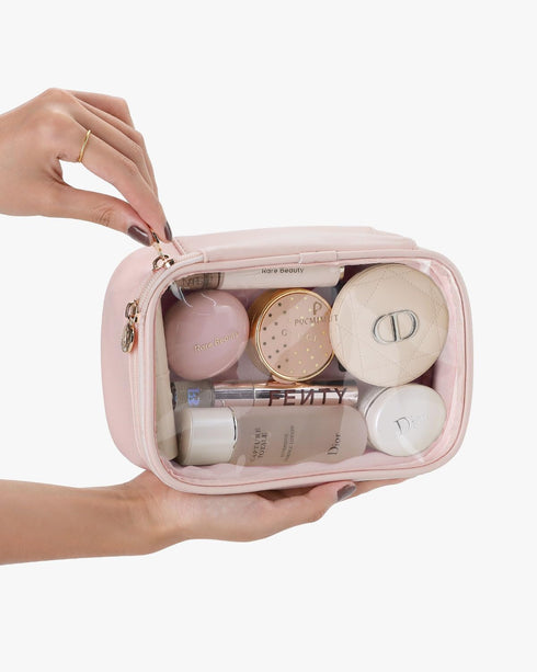 Pocmimut Makeup Bag,PU Leather Clear Makeup Bag Travel Makeup Bag Car Essentials for Women,Travel Essentials Cosmetic Bag Organizers(Pink)