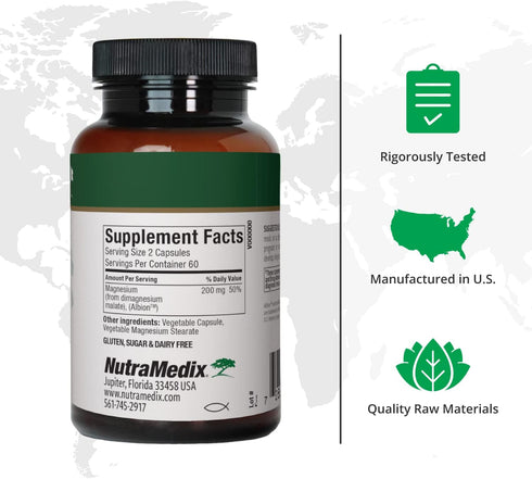 NutraMedix Magnesium Malate 200mg - Bioavailable Energy, Bone Health, Muscle & Joint Support Supplement - Vegan, Non-GMO & Gluten-Free Vitamin and Mineral Support (120 Vegetarian Capsules)