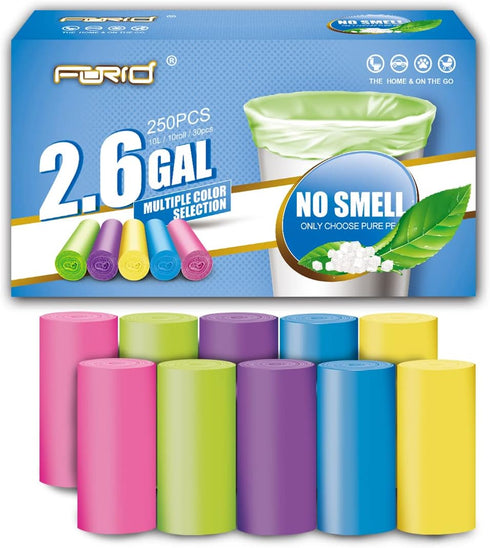 FORID Small Bathroom Trash Bags - 2.6 Gallon Colored Garbage Bags, 250 Counts, Unscented Waste Can Liners