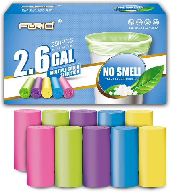 FORID Small Bathroom Trash Bags - 2.6 Gallon Colored Garbage Bags, 250 Counts, Unscented Waste Can Liners