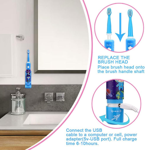OJV 8620 Musical Electric Toothbrush for Kids, 3 Modes, 2 Min Timer, Rechargeable Sonic Toothbrush with Holder (Blue)