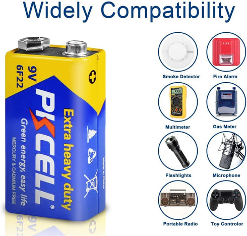 PKCELL 9V Battery Carbon Zinc for Smoke Detectors 6F22 Battery, Ultra Long-Lasting with 10-Year Shelf Life (4 Count)