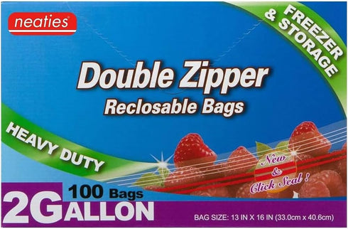 Neaties 2 Gallon Zipper Bags - Heavy Duty Clear Freezer Bags, Pack of 100
