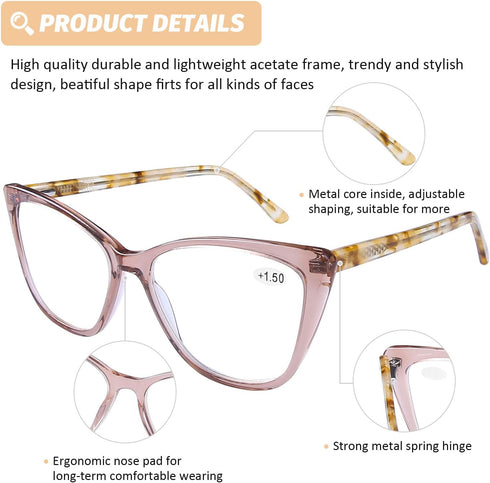 DOOViC Computer Reading Glasses - Blue Light Blocking Anti Eyestrain Fashion Cat Eye Spring Hinge Readers for Women 1.5
