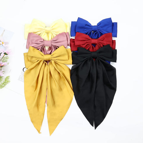 Lawie 6 Pack Oversized Satin Hair Bows for Women - Giant Bow Hair Clips with Long Silky Ribbon Tail