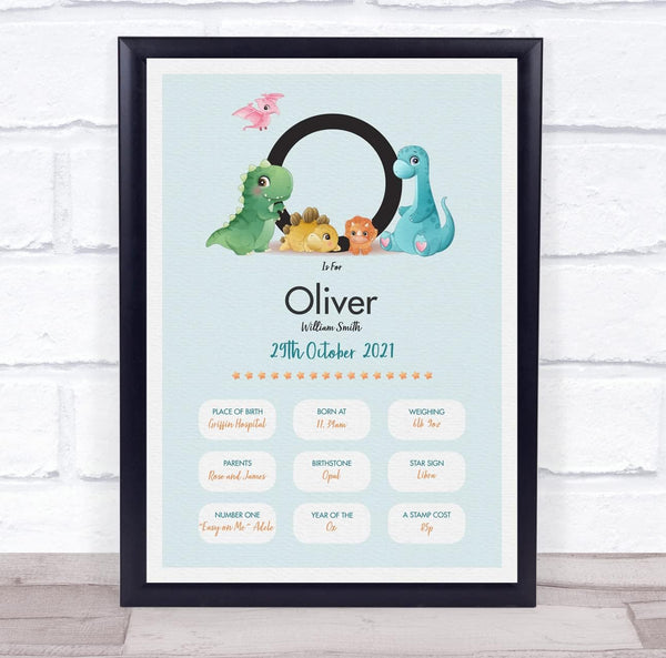 The Card Zoo New Baby Birth Details Christening Nursery Dinosaur Initial O Gift Print