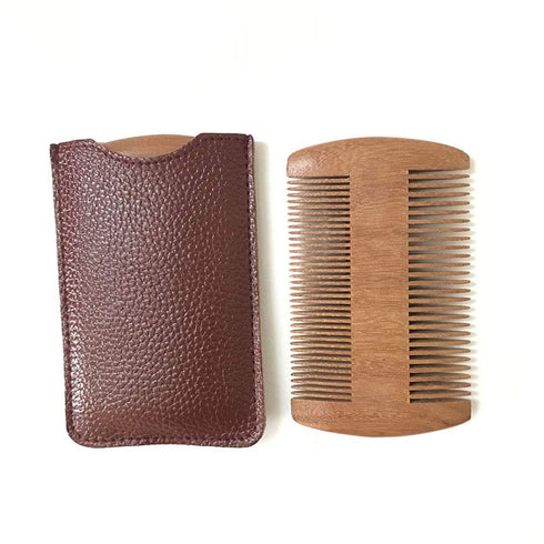 Wooden Beard Comb with PU Leather Case - Pocket Comb for Men, Fine & Coarse Teeth Grooming