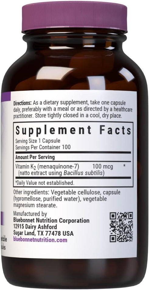 K2 100 K2 MK7 100 Bluebonnet Nutrition Vitamin Supplement mcg Daily Vit Heart Health & Bone Vitamins for Women & Men*