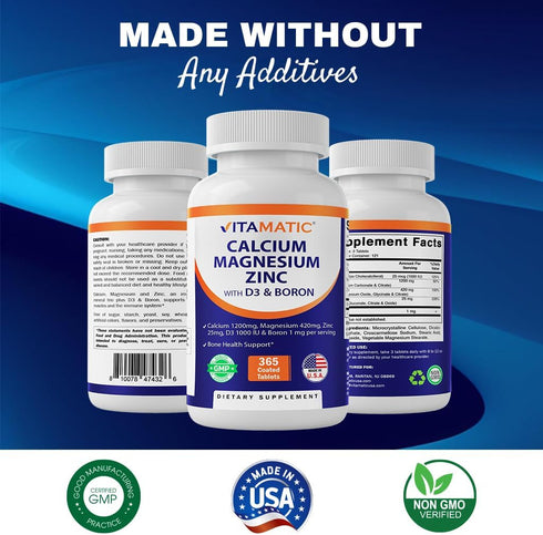 Vitamatic Calcium Magnesium Zinc D3 Boron | 365 Coated Tablets Supplement | Calcium 1200 mg, Magnesium 420mg, Zinc