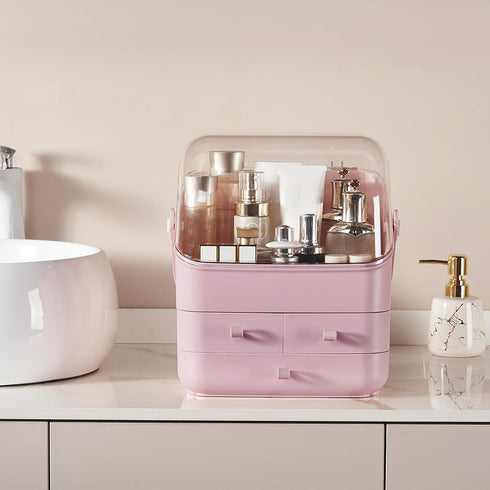 SUNFICON Preppy Skincare Organizer, Pink Makeup Holder with Large Display Case and Dust Free Cover, 2 Roomy Drawers