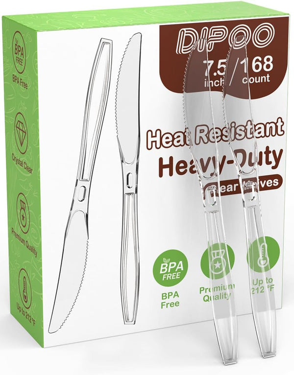 168pc 7.5" Clear Plastic Knives, Heavy Duty Upgraded Heat Resistant & BPA Free Disposable Cutlery