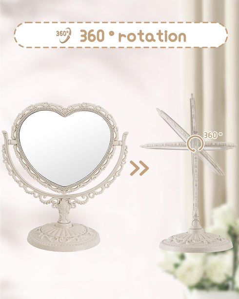 XPXKJ 7 Inch Vintage Heart Mirror, Elegant Desk Makeup Mirror with Double Sided 360 Degree Rotation