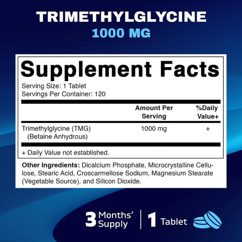 Vitamatic TMG Supplements 1000mg - Trimethylglycine - Betaine Anhydrous - 120 Tablets - 120 Servings - Non-GMO & Gluten Free