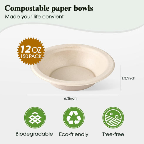 ECOLipak 150 Pack Compostable Paper Bowls, 12 oz Disposable Bowls, Biodegradable Soup Bowls Made of Natural Bagasse,Eco Friendly Sugarcane Bowls for Salad Dessert(Nature) by ECOLipak
