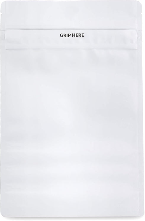 Mylar Bags Child Resistant Grip N Pull, 1 Ounce All White - 100 Count, Resealable Smell Proof Bags for Food Storage