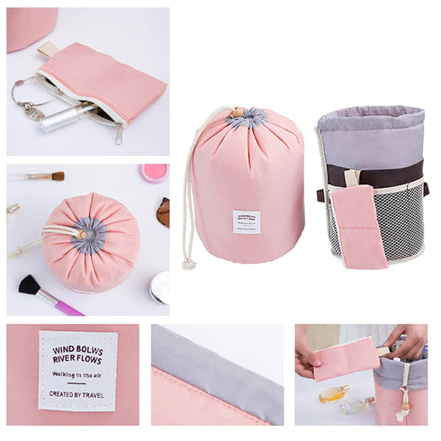 INVODA Drawstring Cosmetic Bag for Women - Portable Travel Makeup Organizer Bag (Pink)