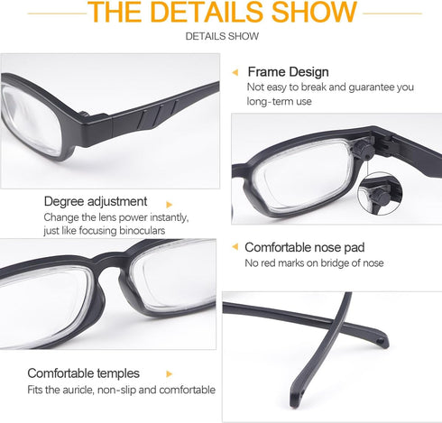 Ouolipraa 0D 350D Flex Focal Adjustable Focus to Diopters Dial Vision Reading Glasses Zoom Eyeglasses for Men Women One