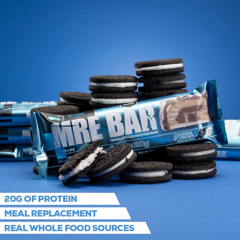 REDCON1 MRE Protein Bar, Cookies N' Cream, 20g Whole Food Protein, Low Sugar Meal Replacement Bar (12 Bars)