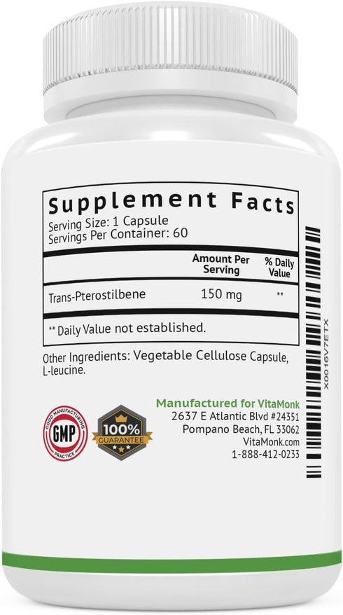 VitaMonk Pterostilbene 150mg Capsules, No Artificial Fillers, 60 Veggie-Caps, Healthy Aging Supplement