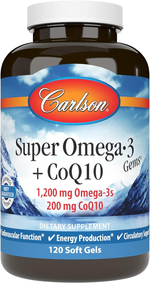 Carlson Super Omega-3 Gems + CoQ10 - 120 Softgels - 1200 mg Omega-3s, 200 mg CoQ10 - Circulation Function & Energy