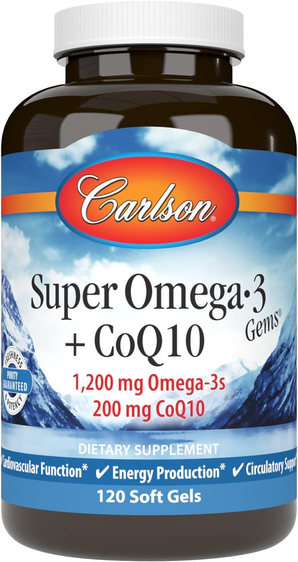 Carlson Super Omega-3 Gems + CoQ10 - 120 Softgels - 1200 mg Omega-3s, 200 mg CoQ10 - Circulation Function & Energy