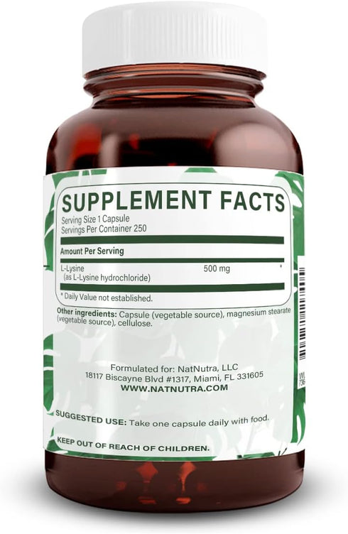 Natural Nutra L Lysine HCl, Promotes Bone Health, Non-GMO, Vegan, 500 mg, 250 Capsules