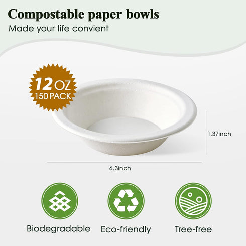 ECOLipak 150 Pack Paper Bowls Disposable 12 oz Compostable Bowls, Heavy duty Biodegradable Bowls, Eco Friendly Sugarcane Bagasse Bowls Great for Soup, Salad, Milk Cereals by ECOLipak