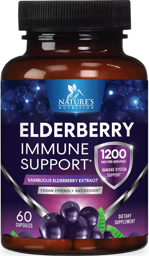 Elderberry Immune Support Capsules - 10:1 Extract, 60 Count, Vegan, Sugar & Gluten Free, Natural Sambucus Black