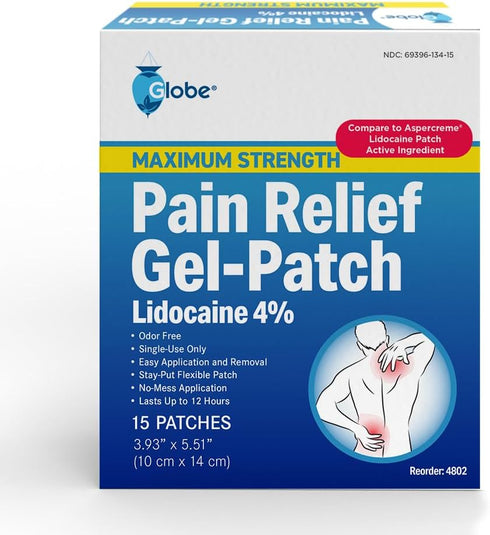 Globe -15 Pack Maximum Strength OTC Pain Relief 4% Lidocaine Patch, 3.9” x 5.5”, Temporary Pain Relief for Back, Neck,