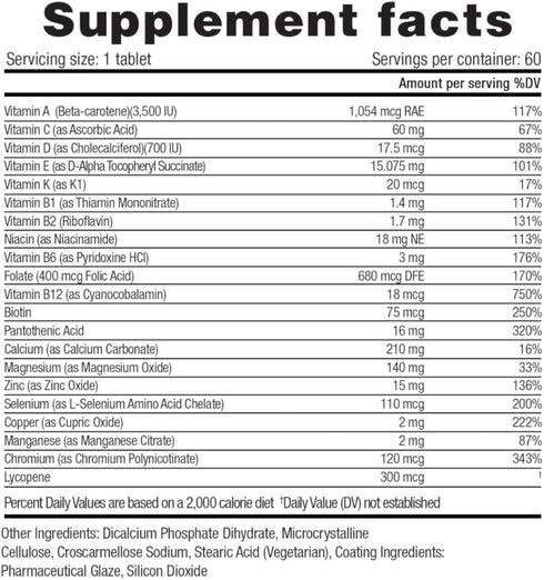 Multivitamin Once Daily, 60 Count, Max Strength Vitamins A, C, D, E, K, B1, B2, B6, B12, Niacin, Calcium