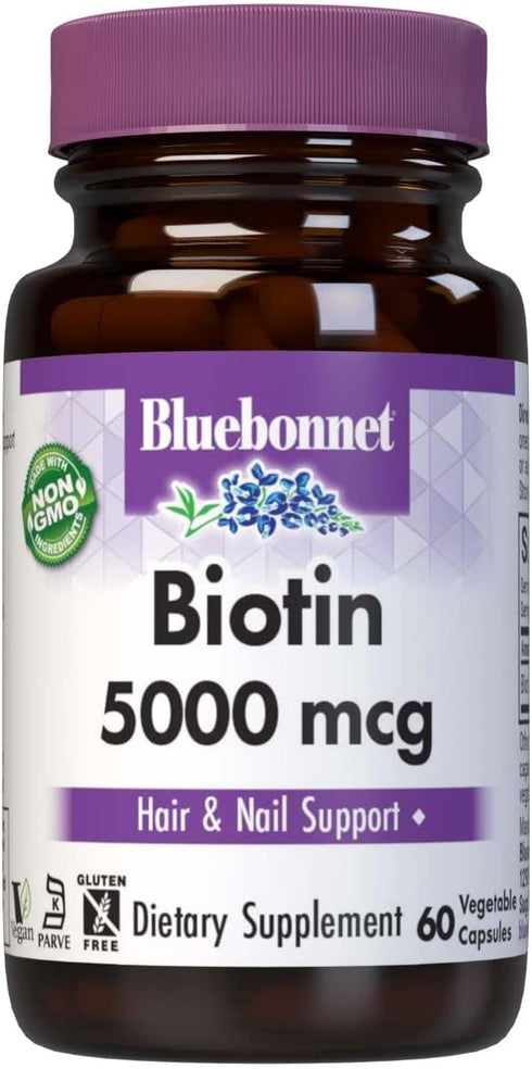 Bluebonnet Nutrition Biotin, 5000 mcg, Hair & Nail Support*, 60 Vegetable Capsules, Non-GMO, Vegan, Kosher Certified
