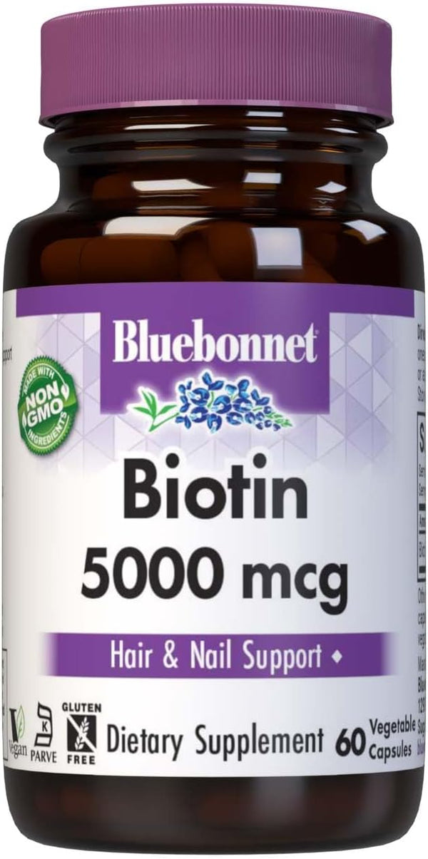 Bluebonnet Nutrition Biotin, 5000 mcg, Hair & Nail Support*, 60 Vegetable Capsules, Non-GMO, Vegan, Kosher Certified