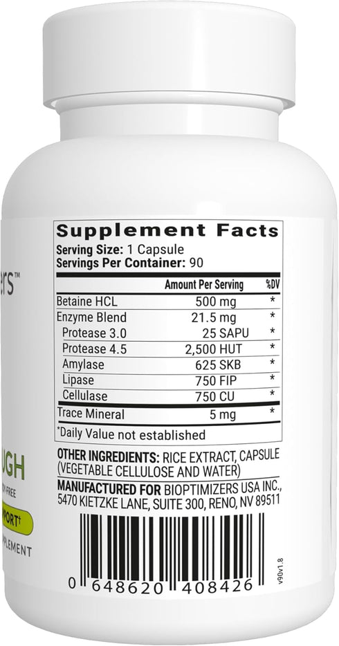 BIOptimizers HCL Breakthrough - Betaine Hydrochloride Enzymes Supplement for Gas and Heartburn Relief - 90 Capsules