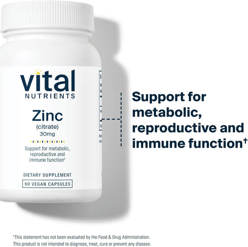 Vital Nutrients Zinc Citrate 30mg | Vegan Immune Support Supplement | Non-GMO, Gluten, Dairy, Soy Free | 90 Capsules
