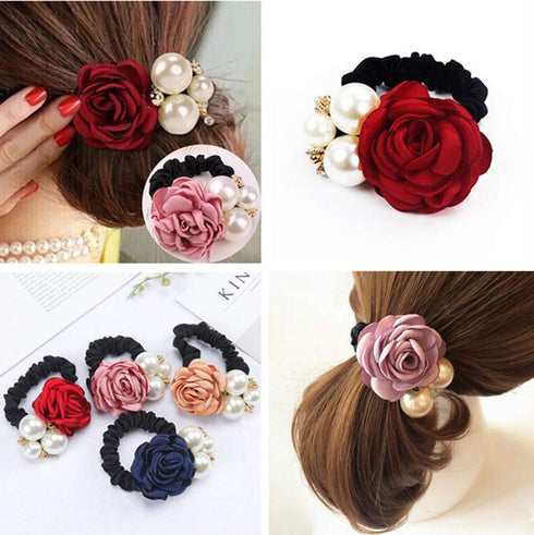 LOVEF 4Pcs Korean Fashion Pearl Hair Rope, Rose Flower Rhinestone Hair Ties