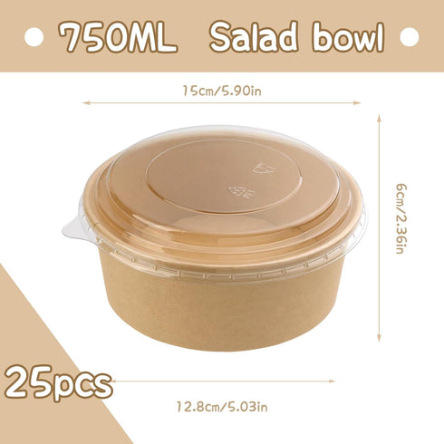 25oz Disposable Bowls with Lids 25Pack, Large Kraft Paper Salad Bowls with Lids, Round Paper Food Container with Clear Lids for Hot Cold Food, Soup, Ice Cream and Yogurt by Hssugi