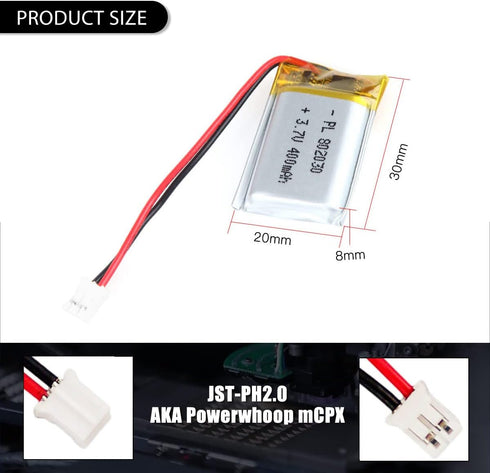 3.7V 400mAh 802030 Lipo Battery, Rechargeable Lithium Polymer Ion Battery Pack with PH2.0mm JST Connector