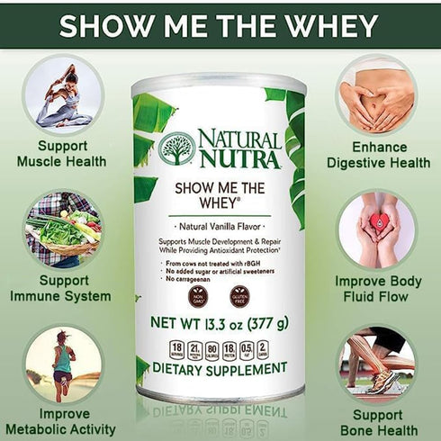 Natural Nutra Grass Fed Vanilla Show Me The Whey Protein Source Powder, Gluten Free, Sugar-Free, Non-GMO, 13.3oz