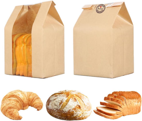 50 Packs Large Paper Bread Bags for Homemade Bread, Kraft Paper Bakery Bags with Window for Sourdough Toast Packing