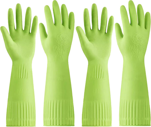 Dishwashing Rubber Gloves for Cleaning Kitchen - 2 Pairs Long Household Gloves for Washing Dishes