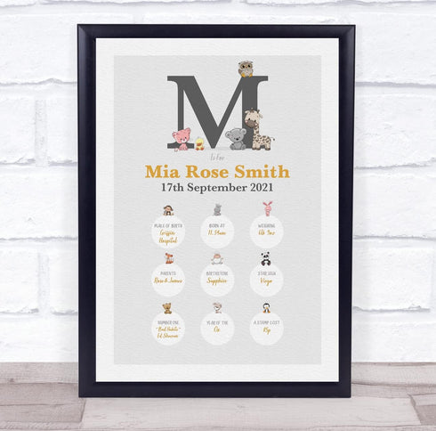 The Card Zoo New Baby Birth Details Christening Nursery Animals Initial M Keepsake Gift Print